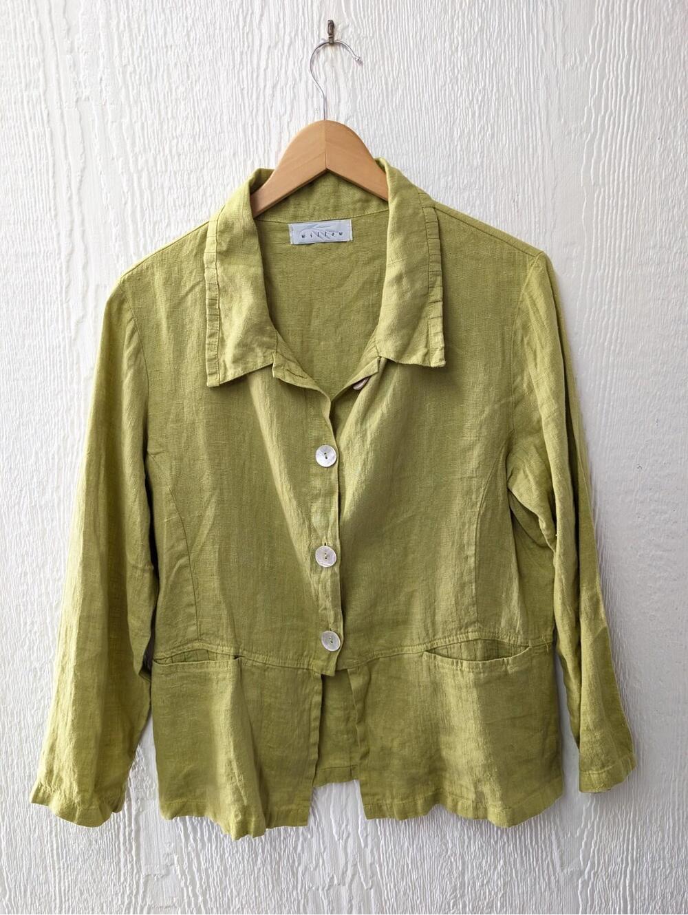 Willow 100% Linen Green Jacket Blouse Boho Hippie Lagenlook Size Medium